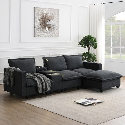 109"W Chenille Upholstered Sectional Cloud Sofa with Console, USB Charging Port, Reading Light and Cup Holder, 4Q -ModernLuxe