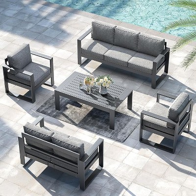 LayinSun 5 Pieces Aluminum Outdoor Patio Furniture Set, Metal Modern Conversation Sofa Set with Coffee Table and Washable Thick Cushions