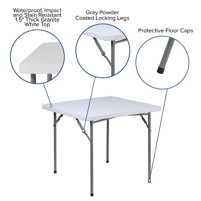 Granite White Square Plastic Folding Table with Gray Metal Frame