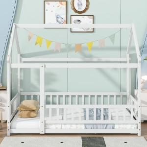 Twin Size Floor Bed with Roof Frame and Safety Guardrails - 1 of 4