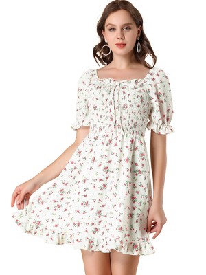 Allegra K Women's Square Neck Puff Sleeve Smocked Floral Ruffled Hem Dress
