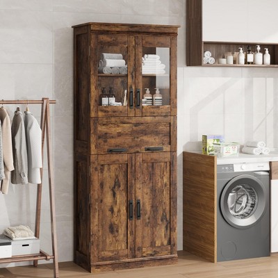 67" Tall Bathroom Storage Cabinet with Glass Doors, Adjustable Shelves, Drawer, Freestanding Tall Cabinet Modern Cupboard