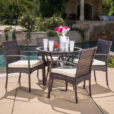 GDFStudio Kija Outdoor Wicker and Tempered Glass 5 Piece Dining Set with Cushion