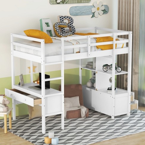 Twin Size Loft Bed with Built-in Desk, Storage Shelves and Drawers, White - ModernLuxe
