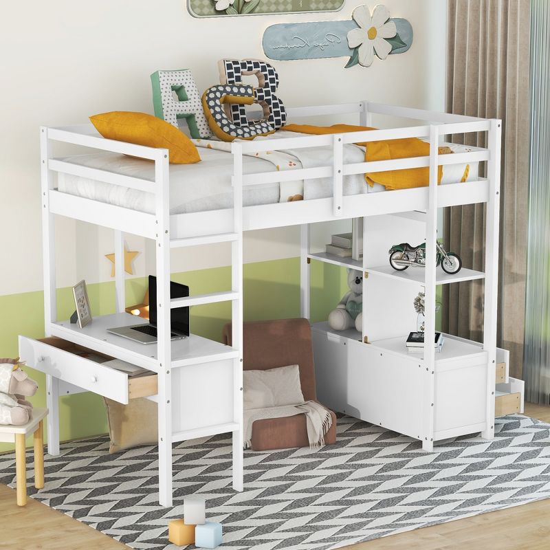 Loft Bed with Built-In Desk, Storage Shelves and Drawers - ModernLuxe, 1 of 10
