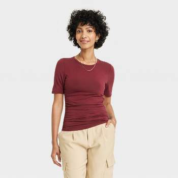 Women's Elbow Sleeve Slim Fit Crew Neck T-Shirt - A New Day™ Burgundy XS