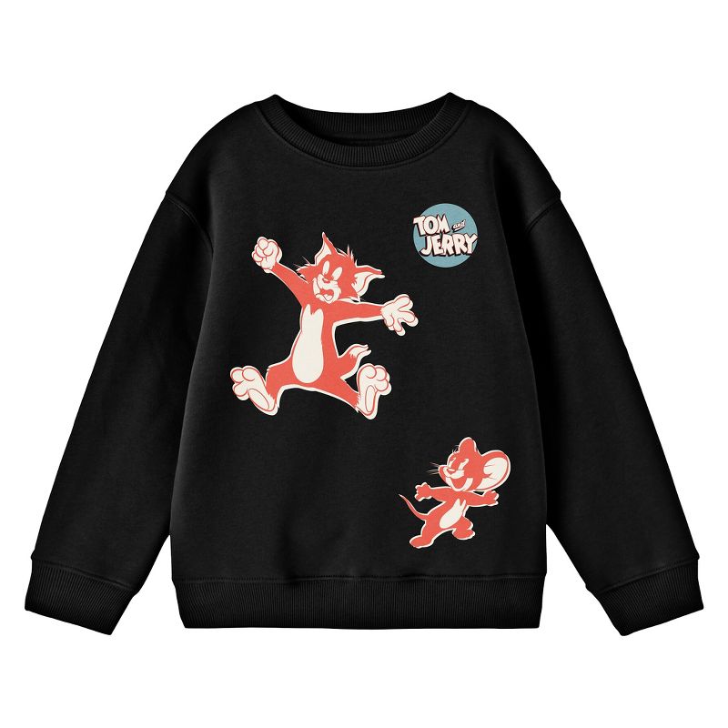 Tom & Jerry Red Characters With Logo Crew Neck Long Sleeve Boys' Black Sweatshirt, 1 of 3