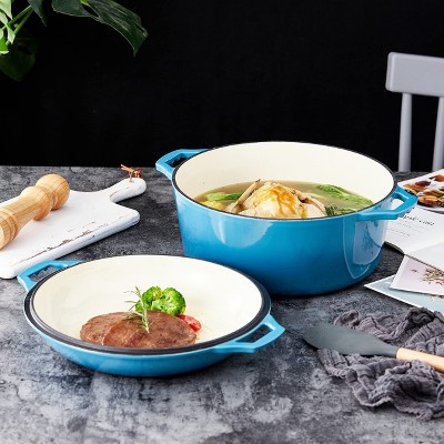 Blue Enameled Cast Iron Dutch Oven with Skillet Lid, 7 Quart
