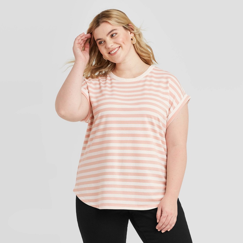 Women's Plus Size Striped Short Sleeve Crewneck Cuffed T-Shirt - Ava & Viv Pink 3X, Women's, Size: 3XL was $16.99 now $11.89 (30.0% off)