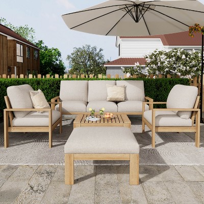 FIONECA 5-Piece Acacia Wood Outdoor Sectional Sofa Set with Cushions