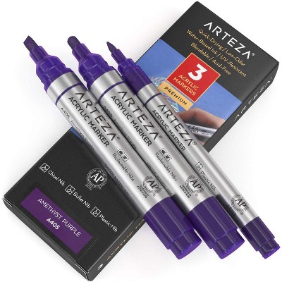 Arteza Acrylic Markers (A405 Amethyst Purple), 2 Big Barrel (chisel+bullet nib) + 1 Small Barrel, Single Color - 3 Pack