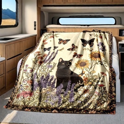 1pc Butterfly and Black Cat Design Flannel Blanket, All Season Car RV Interior Decor Nap Throw, Christmas Gift.