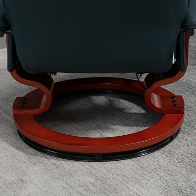 Blue Faux Leather Swivel Recliner with Wood Base