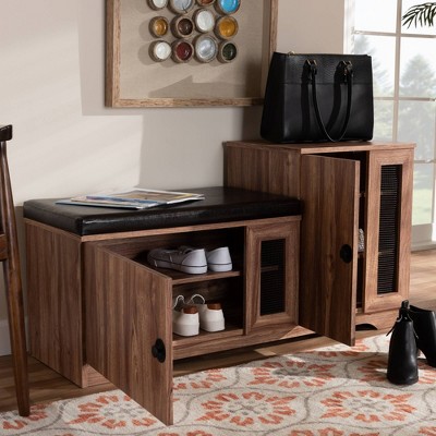 Dark Brown Faux Leather Oak Storage Bench with Cabinet