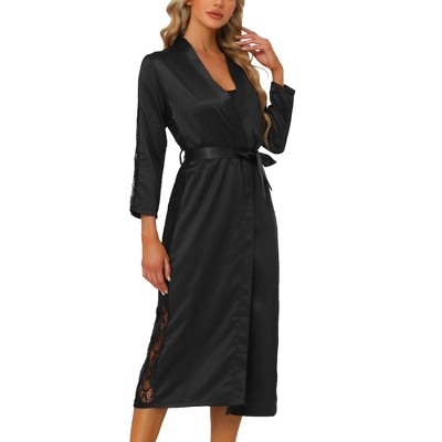 cheibear Women's Satin Solid Robe Lace Trim Long Sleeve Bridesmaid Gown Bathrobe