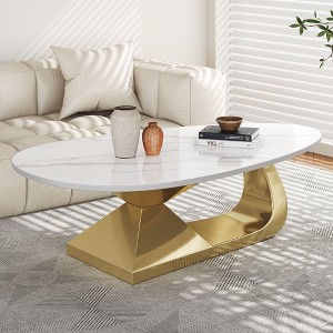 NicBex Modern White Coffee Table with Sintered Stone Tabletop & Unique Steel Base,Marble Oval Center Table for Living Room,Gold 51.2" - 1 of 4