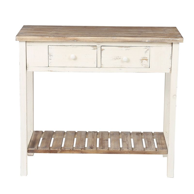 LuxenHome Distressed White and Wood 2-Drawer 1-Shelf Console Table and Entry Table, 1 of 17