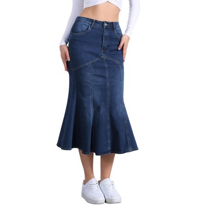 Allegra K Women's Fishtail Washed Midi Jean Bodycon Skirt