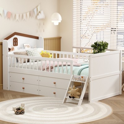 JUJABU Wooden Twin Platform Bed Frame with 4 Storage Drawers, Guardrail Headboard & Ladder for Kids
