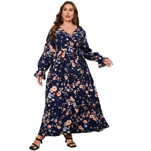 Plus Size Women's V Neck Long Sleeve Maxi Dress with Belt Flowy Elegant Floor Length Dress - 1 of 4