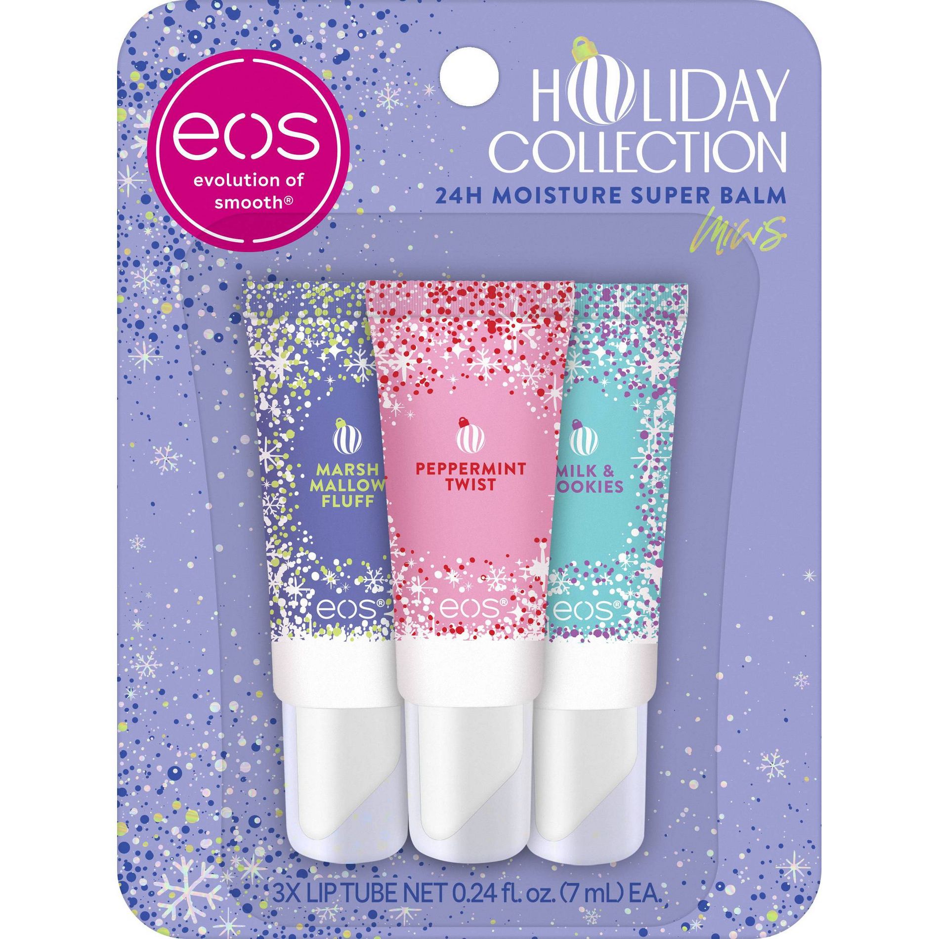 eos Holiday Mini Super Balms - Peppermint Twist, Milk & Cookies, Marshmallow Fluff - 0.72 fl oz/3pk