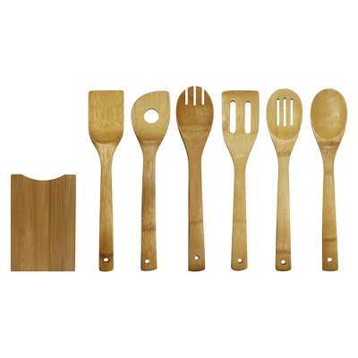 Natural Bamboo 7-Piece Cooking Utensil Set with Holder