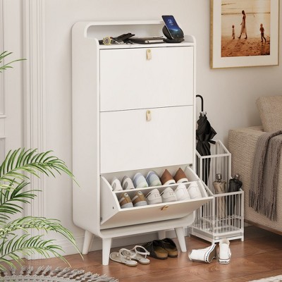 Modern Arc Design Shoe Cabinet With 3 Drawers,Shoe Storage Cabinet, Freestanding Shoe Organizer With Leather Handles For Entryway Hallway