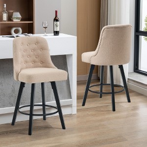 Zeus & Ruta Set of 2 360° Swivel Counter Height Stools with 26" Linen Upholstered Bar and Wood Legs - 1 of 4