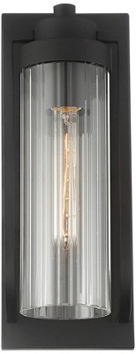 Bogota 15.5" Textured Black Outdoor Wall Lights with Clear Ribbed Glass - Set of 2