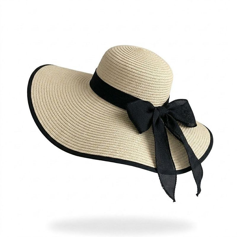 Anna-Kaci Women Wide Brim Straw Sun Hat with Bow Tie Summer Beach Floppy Hat UV Protection, Beige