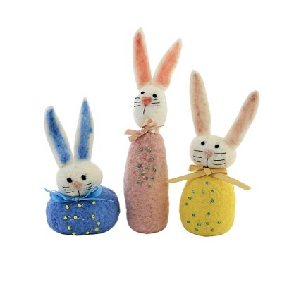9.0 Inch Beaded Roly Poly Bunny Set/3 Decor Felt Handmade Cottontail Figurines