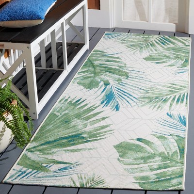 Green and Teal Tropical Leaf Pattern Synthetic Runner Rug, 2'8" x 8'