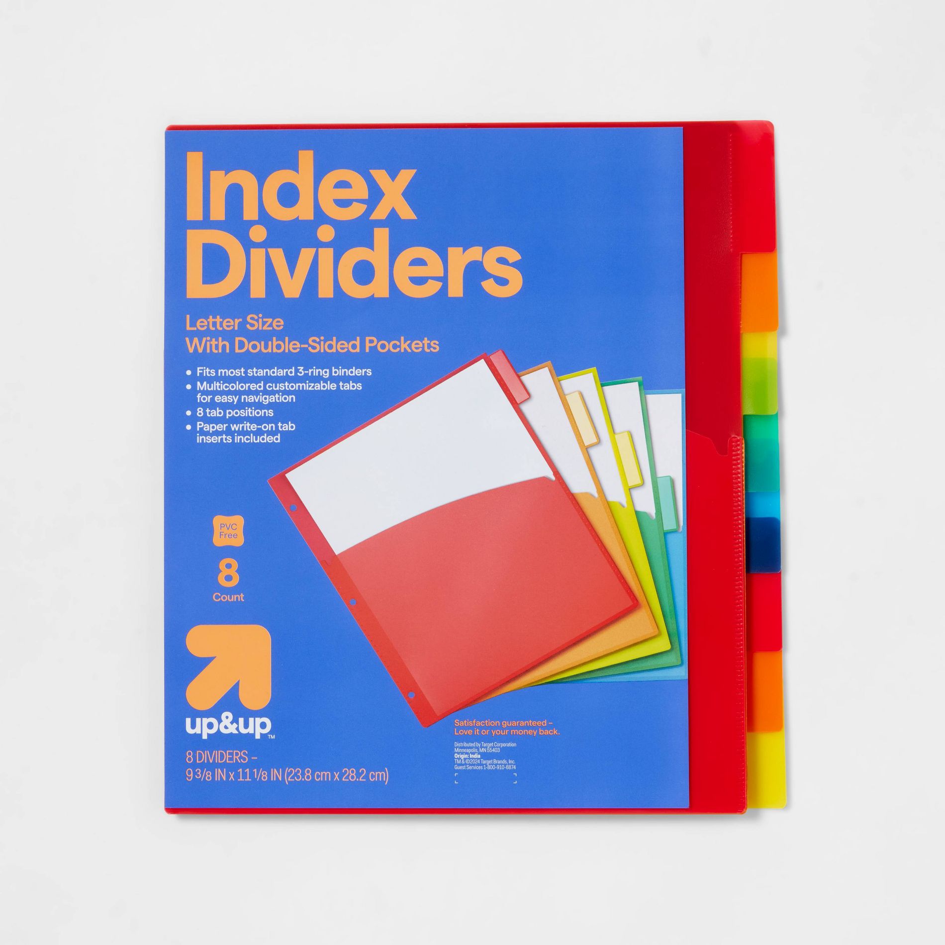 8ct Tabbed Plastic Index Dividers with Pockets - up&up™: Multicolor 3 Hole Punched Binder Dividers