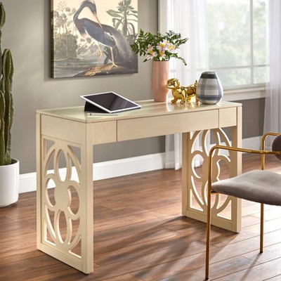 Allegory Desk White - Lifestorey: Solid Rubberwood, Floral Panel Legs, Mid-Century Modern, 44" Wide