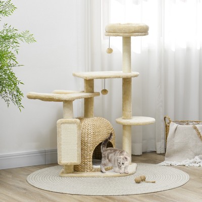 Beige Plush and Wicker 44" Cat Tree Tower with Hammock