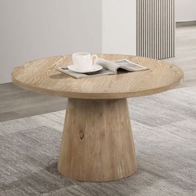 Contemporary Style Round Coffee Table With Cone Shape Pedestal Base Rubberwood Structure Oak Finish