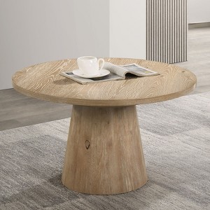 Contemporary Style Round Coffee Table With Cone Shape Pedestal Base Rubberwood Structure Oak Finish - 1 of 1