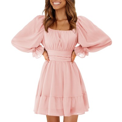 EXLURA Women's 2025 Casual Long Lantern Sleeve Dresses Square Neck Ruffle Tie Back Elastic Waist Aline Short Mini Dress