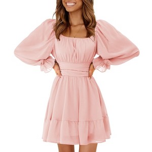 EXLURA Women's 2025 Casual Long Lantern Sleeve Dresses Square Neck Ruffle Tie Back Elastic Waist Aline Short Mini Dress - 1 of 4