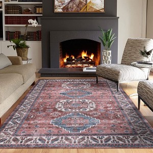 Vintage Distressed Boho Area Rug Machine Washable Rug - 1 of 4