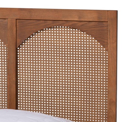 Queen Walnut Wood and Rattan Platform Bed with Headboard