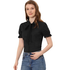 Allegra K Women's Embroidered Bow Tie Neck Puff Sleeve Office Work Shirt - 1 of 4