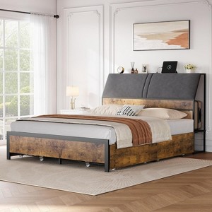 Bed Frame with Storage, Storage Drawers, Integrated Charging Station, and Ergonomic Upholstered Headboard—Strong, Elegant - 1 of 4