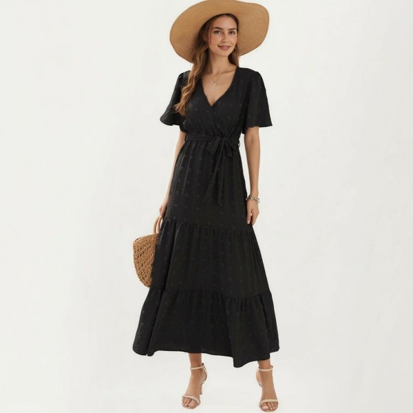 Vestido largo de mujer de manga corta con frente cruzado, lazo en cintura y falda en capas - Anna-Kaci 2