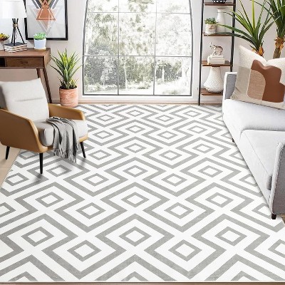 Area Rug 4x6 Boho Geometric Washable Rug Ultra-Soft Indoor Floor Carpet for Living Room Low Pile Non-Slip Backing Bedroom Rug -Grey