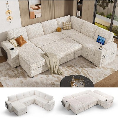 Dyonery 110" Modular Sectional Sleeper Sofa: L-Shaped, 7-Seat Chenille, Pull-Out Bed, USB Ports, Cup Holders, Storage Chaise, Tool-Free Setup