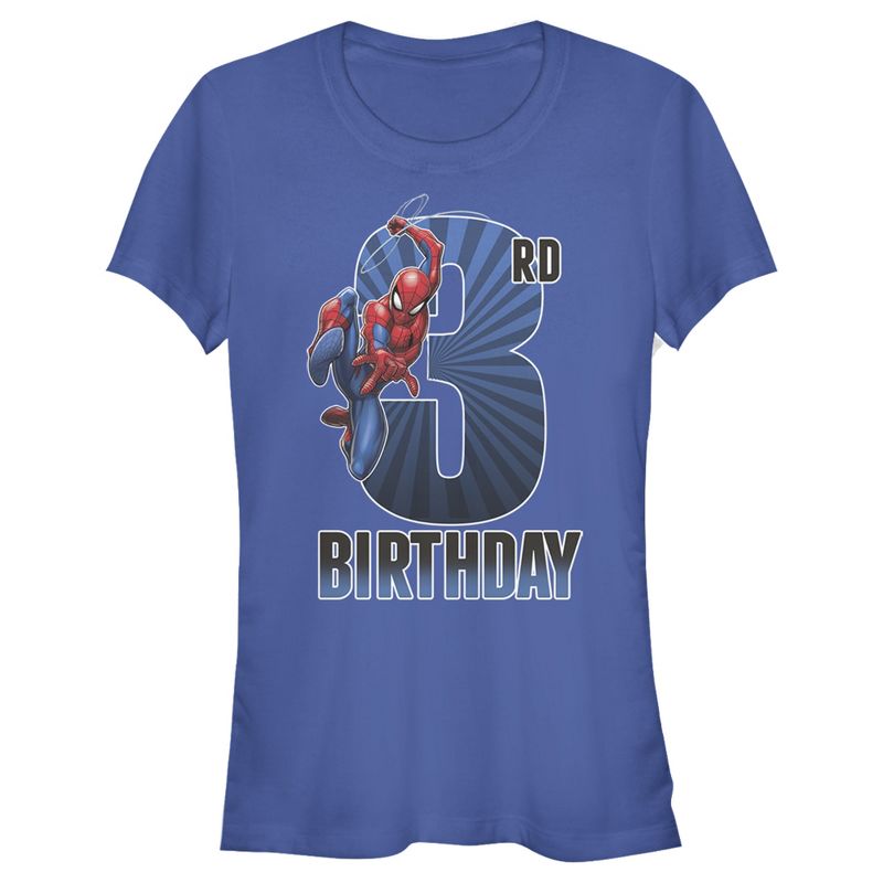 Juniors Womens Marvel Spider-Man Swinging 3rd Birthday T-Shirt, 1 of 4