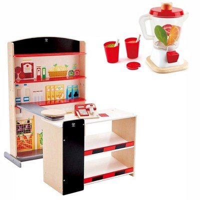 Hape Pop Up Grocery Shop Pretend Play Set Bundle with Kids Fruit Smoothie Blender Kids Wooden Pretend Kitchen Appliance Play Set Toy and Accessories