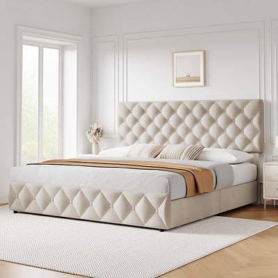 Full/Queen/King Size Bed Frame with 4 Storage Drawers, Faux Leather Upholstered Platform Bed Frame with Adjustable Headboard