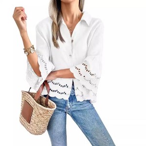 Coolmee Women's 3/4 Bell Sleeve Button Down Shirts Casual Ruffle Hem Tops Eyelet Blouse - 1 of 3